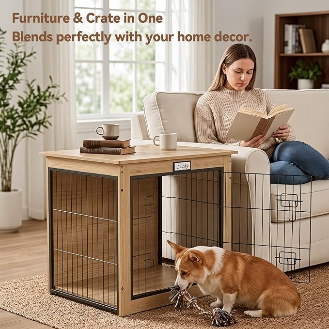 Oak Dog Crate Furniture with Reversible Side Door, Wooden Indoor Dog Kennel for Small Medium Dogs, End Table Dog Crate with Double Locks, Heavy Duty Steel Mesh Furniture Style Dog Cage