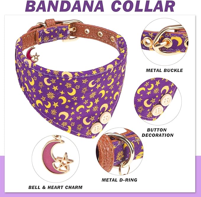 EXPAWLORER Dog Collar and Leash Set - Purple Star-Moon Dog Bow Tie and Dog Bandana Collar with Bell, Dog Leash Tangle Free, Adjustable Collars for Small Medium Large Dogs Cats, Holiday Ideal Gift, S