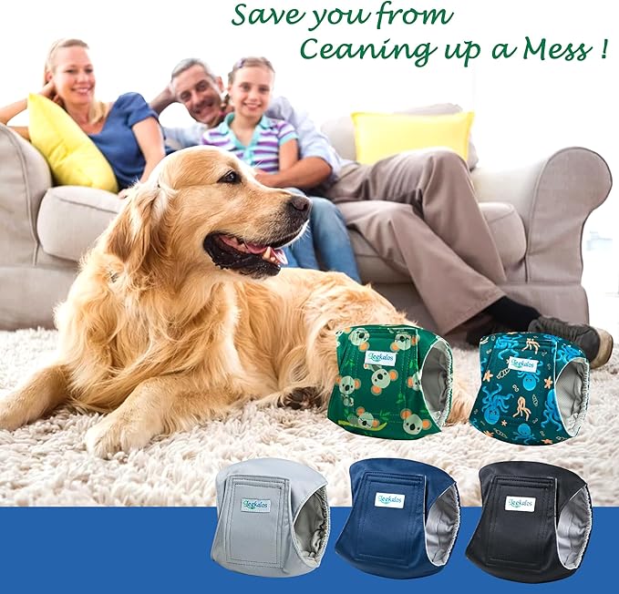 Leekalos Male Dog Diapers, Dog Belly Bands for Male Dogs Wraps Washable Doggie Diapers High Absorbing Dog Belly Bands（5 Pack） (Octopuses+Plain, Large (18"-21"))