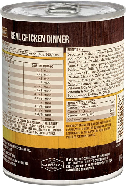 Merrick Grain Free Premium and Natural Canned Dog Food,Soft and Healthy Wet Recipe,Real Chicken Dinner - 12.7 oz. Cans,(Pack of 24)