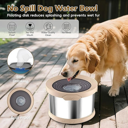 UPSKY Dog Water Bowl No Spill 8L Stainless Steel, 2.1 Gallon Large Capacity Spill-Proof Dog Bowls, Non-Slip Slow Drinking Anti-Splash Bowl for Large Messy Drinkers, No Mess Indoor/Outdoor Use, Beige