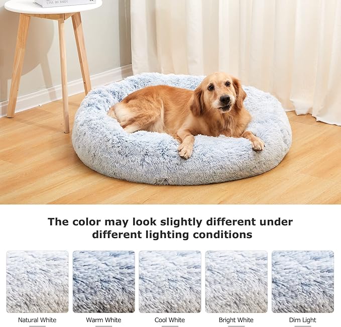 Bedfolks Calming Donut Dog Bed, 36 Inches Round Fluffy for Large Dogs, Anti-Anxiety Plush, Machine Washable (Light Blue, Large)