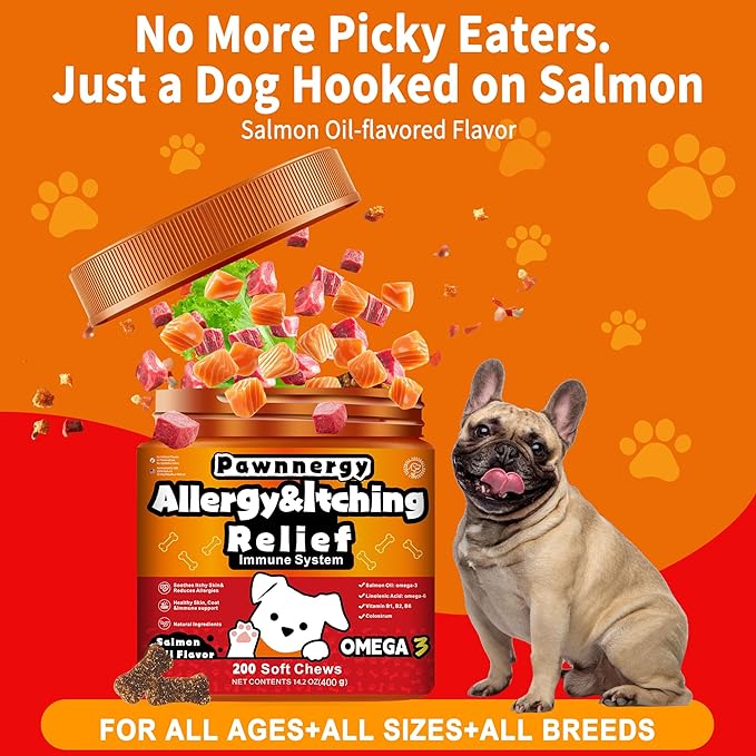 Dog Allergy & Itch Relief Chews - Salmon Oil Omega-3, Omega-6, Vitamin B1/B2/B6, Colostrum Probiotics Supplement for Seasonal Allergy, Hot Spots, Paw Licking, Scratching, 100 Soft Chews
