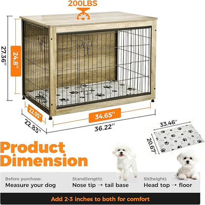 SHAWKEN Wooden & Metal Large Dog Crate Furniture Indoor with Soft Cushion, Double-Door Dog House, 37.4" L Dog Kennel (Oak Grey, Large)