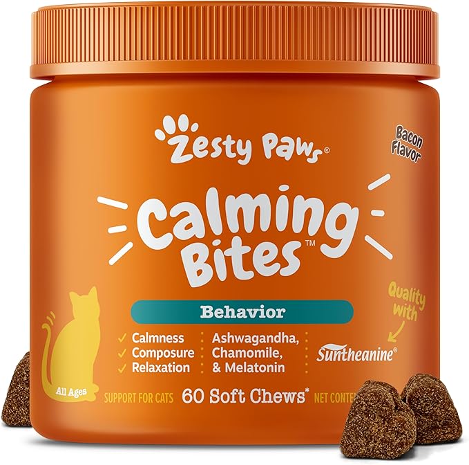 Zesty Paws Calming Chews for Cats - Composure & Relaxation for Everyday Stress & Separation - with Ashwagandha, Organic Chamomile, L-Theanine & L-Tryptophan – Bacon - 60 Count - Cat