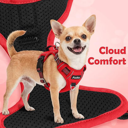 Funfox Dog Harness No Pull, Adjustable Pet Vest Harness, Super Soft Material with Vertical Handle Easy Control, Reflective Night Walking, 2 Leash Clips for Large Dogs, Red, L