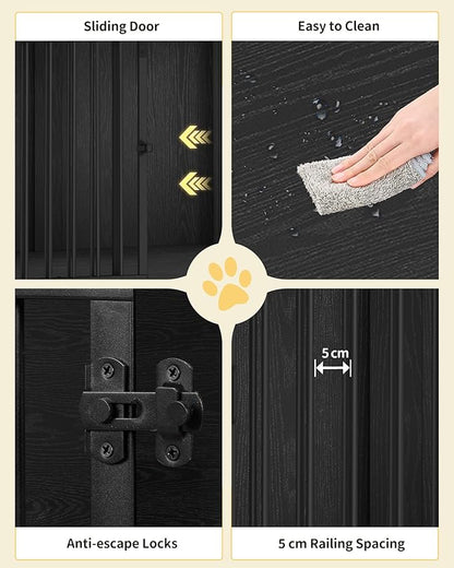 Hzuaneri 43.3" Dog Crate Furniture with Barn Door, Heavy Duty Dog Kennel Indoor with 2 Doors, Wooden Pet Cage End Table for Large Small Medium Dogs, Anti-Chew Anti-Escape, Black DFC92304B