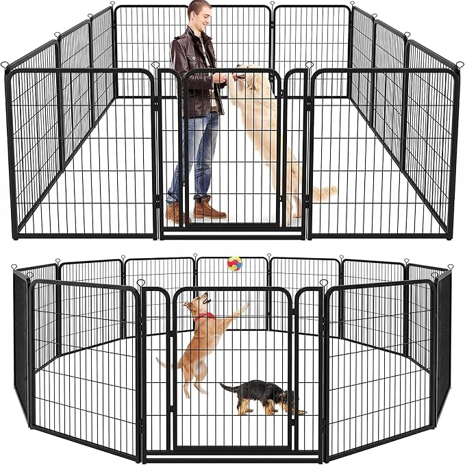 Kfvigoho Dog Playpen Outdoor Extra Wide 12 Piece Panels Heavy Duty Dog Fence 47" Height Anti-Rust with Doors Portable for RV Camping Yard, Total 32FT, 79 Sq.ft, Snowy Black