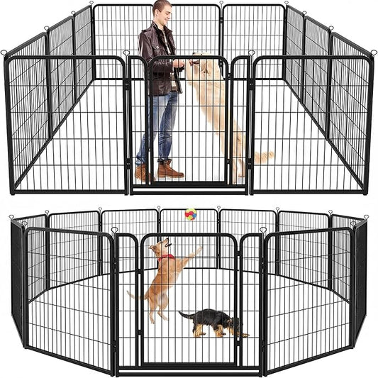 Kfvigoho Dog Playpen Outdoor Extra Wide 12 Piece Panels Heavy Duty Dog Fence 47" Height Anti-Rust with Doors Portable for RV Camping Yard, Total 32FT, 79 Sq.ft, Snowy Black