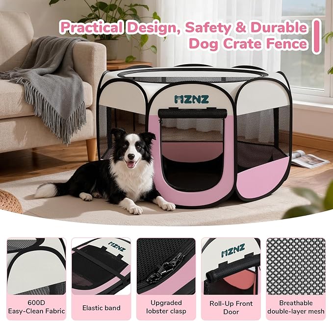 Dog Playpen, Portable Puppy Pet Crate Indoors for Small/Medium/Large Dogs Cats Rabbits, Foldable Dog Cage Enclosure for Outdoor, Pop Up Dogs Tent Kennel with Carrying Case, Pink