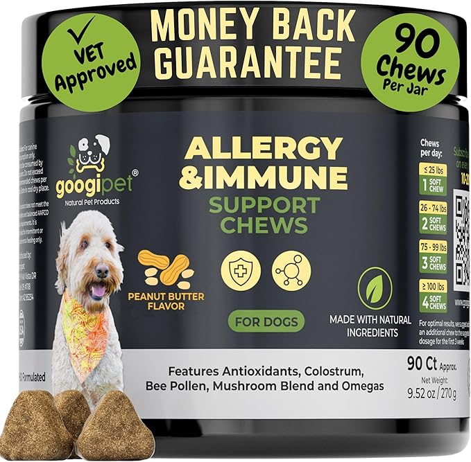 Googipet Dog Allergy Chews, Seasonal Dog Allergy Relief & Itchy Skin Relief, Skin & Coat Supplement Colostrum, Coconut Oil, Omega 3 Fish Oil, & Bee Pollen for Dogs Itch Relief (Peanut Butter Flavor)