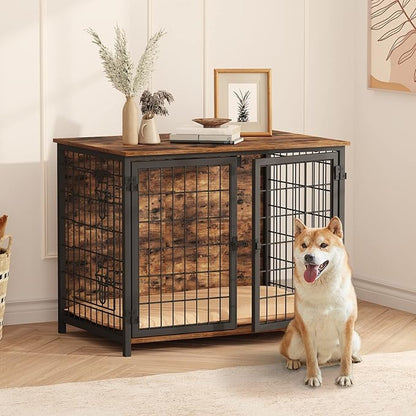 MAHANCRIS Dog Crate Furniture with Cushion, Wooden Dog Kennel with Double Doors, Heavy Duty Dog Cage for Small/Medium/Large Dogs, Indoor Dog House End Table, 31.5" L, Rustic Brown DCHR0701Z1