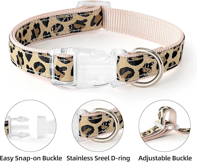 Mile High Life Leopard Dog Harness Collar Leash Set, Adjustable No Pull Dog Halter Harness for Small Breed Dogs, Easy Control for Training Walking (Beige, M Chest 15"-21", Neck 13"-17")