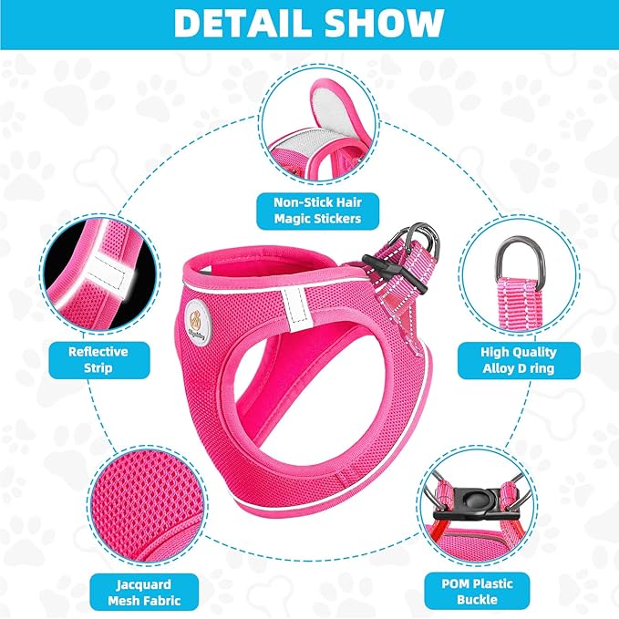 Hipubby Dog Harness and Leash Set, No Pull Soft Mesh Puppy Harness for Small Medium Dogs, Cats - Step in Reflective Breathable Lightweight Vest Harness for Walking, Training - Rose Red, L