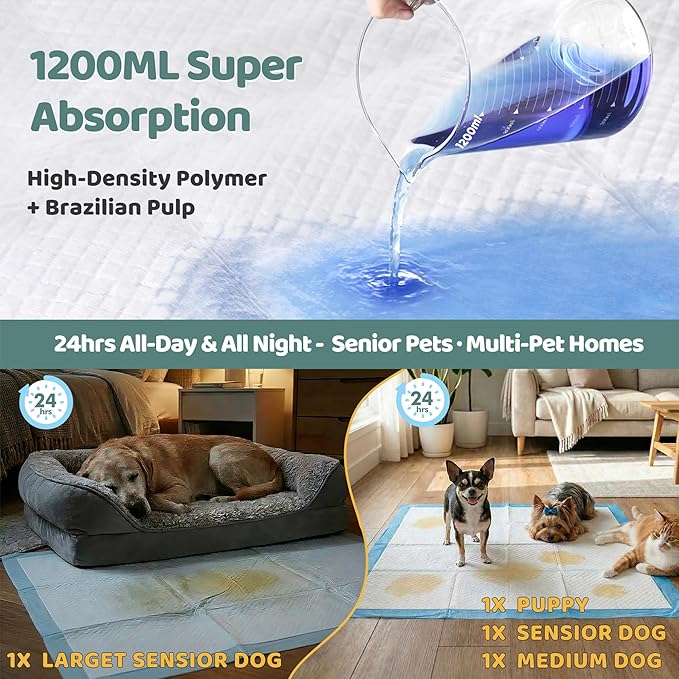 Gimars XL 6-Layer Ultra Absorbent 1200ml 48-Hour Leak-Proof Dog Pee Pads, Quick Dry Extra Large Puppy Pads for Puppy Training, Senior & Incontinent Dogs, Cats, Overnight Use, 28"x34", 30 Count