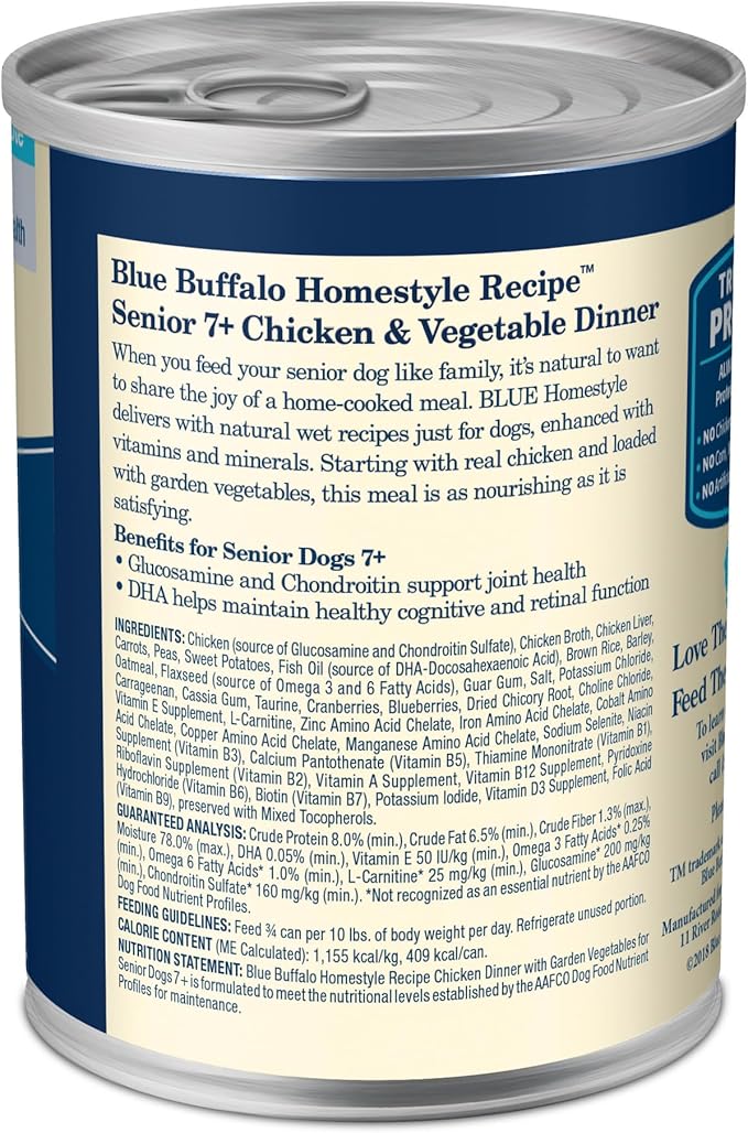 Blue Buffalo Homestyle Recipe Senior Wet Dog Food, Made with Natural Ingredients, Chicken Dinner with Garden Vegetables, 12.5-oz Cans (12 Count) (Pack of 2)