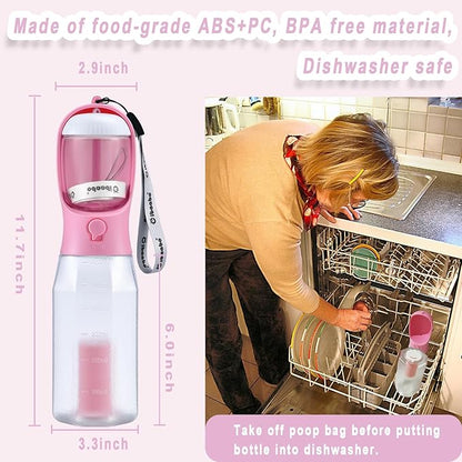 Cibaabo Dog Water Bottle with Food Container & Poop Bag Holder, Travel Water Bowl, Portable Pet Dispenser, Girl Dog Accessories Stuff Items Essentials Gift for Yorkie Chihuahua Walking Hiking