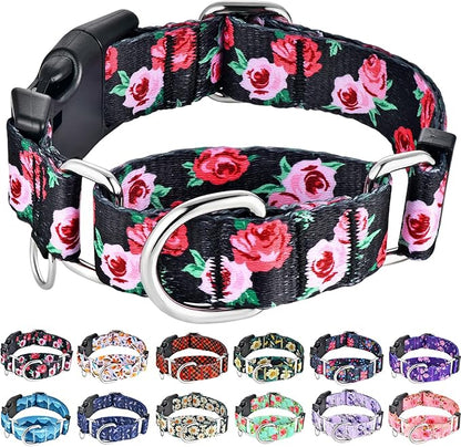 Martingale Collar for Dogs Pink Floral Dog Collars for Medium Dogs with Buckle Girl Female Soft Nylon Dog Collar (Black Pink Rose, M)