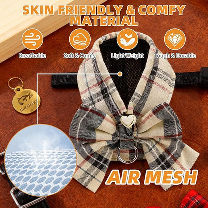 KOOLTAIL Small Dog Harness and Leash Set, Cute Puppy Vest Harnesses with Bowtie, Step in No Pull Soft Mesh Padded Adjustable Plaid Pet Harness for Extra-Samll Medium Dogs Cats, Boy Girl, XS-M, Beige S