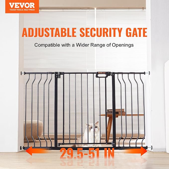 VEVOR 29.5-51" Extra Wide Safety Gate for Stairs, Auto Close Dog Gate for The House, Easy Install Pressure Mounted Pet Gates for Doorways, Easy Walk Thru Wide Safety Gate for Dog, Black