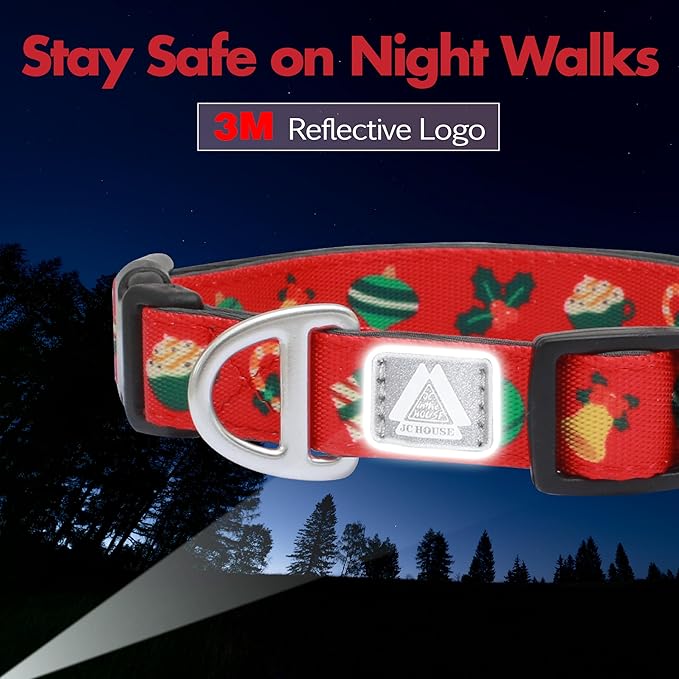 Christmas Dog Collar, Cute Holiday Red Collars for Girl & Boy, Reflective,Soft Padded Neoprene,Fully Adjustable,Durable & Lightweight Large Dog Collar, (Christmas, L)