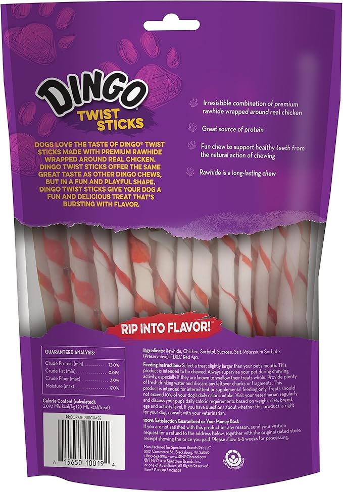 Dingo Twist Sticks Rawhide for Dogs,Made with Real Chicken,50 Count (Pack of 4)