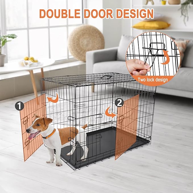 Pet Republic Dog Crates for Large Dogs Folding Metal Wire Dog Gage Double Door 30/36/42Inches Dog Kennel Indoor Outdoor Pet Grates
