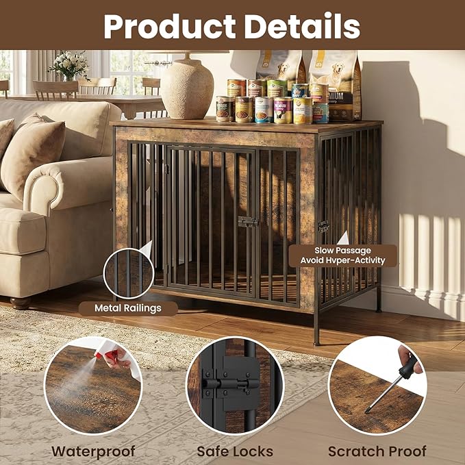 Dog Crate Furniture Heavy Duty for Large Dog, Sturdy Indoor Kennel Table with Dual Doors, Elevated Robot Vacuum Friendly Base, Decorative Cage TV Stand & End Table, Rustic Brown