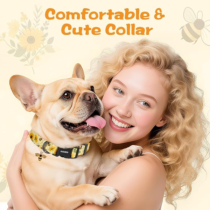 Kazazoo Dog Collar Cute and Soft Nylon Puppy Collar for Boy and Girl, Adjustable Dog Collars for Small Medium Dogs, Bees and Sunflowers-XS