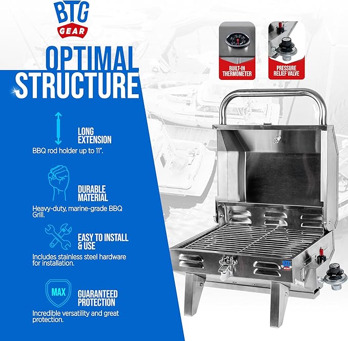 Tailwaves Marine Boat Grill w/Rod Holder Mount | Stainless Steel | Propane Boats & Tailgating & Camping | Built in Thermometer | Portable | Fold-away legs