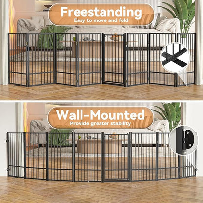 SNUOWU Full Metal Freestanding Dog Gate with Door, 36''Height Foldable Pet Dog Fence for Indoor & Outdoor, 8 Panels Extra Wide Free Standing TallDog Gates for Doorways,House,Stairs,Porch,Deck,Yard
