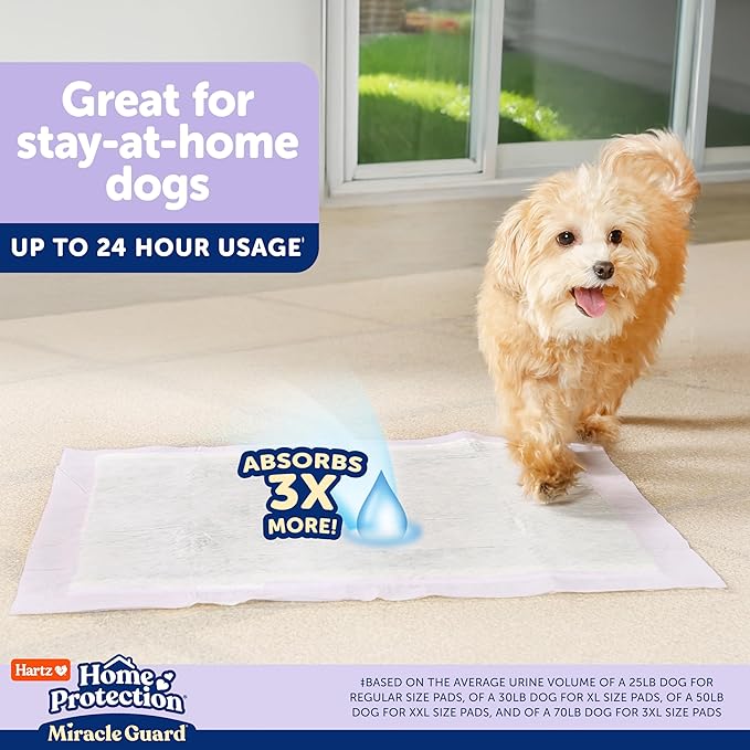 Hartz Miracle Guard Dog and Puppy Dog Pads Max Absorbency 24 Hour Use Odor Eliminating Lavender Scented No Leaks, Regular Size 25 Count