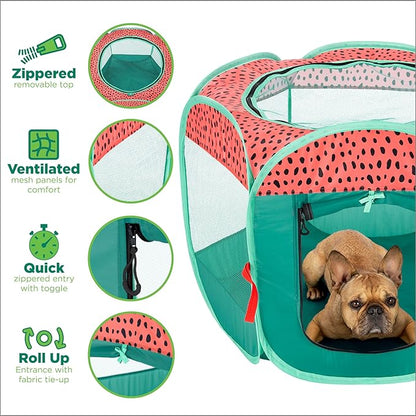 Furhaven Portable Dog Playpen Cat Tent, Pet Playground,Kennel Foldable Indoor Outdoor Zippered Puppy Crate - Green & Pink, Small
