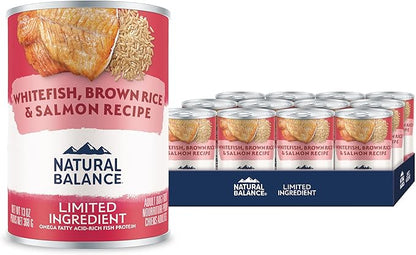 Natural Balance Limited Ingredient Adult Wet Canned Dog Food with Healthy Grains, Whitefish, Brown Rice & Salmon Recipe, 13 Ounce (Pack of 12)