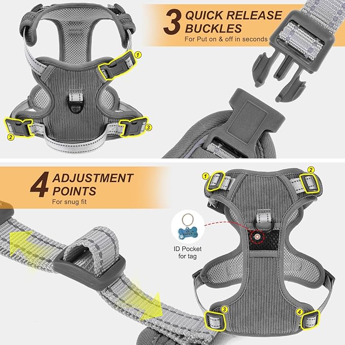 BEAUTYZOO No Pull Dog Harness Large, Adjustable Dog Harness and Leash Set -Easy Wearing with 3 Buckles/Control Handle,No Choke Soft Padded Reflective Pet Vest for Training Walking Hiking,Grey L