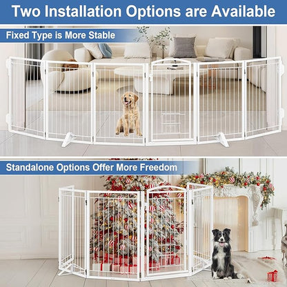 Metal Freestanding Dog Gate with Cat Door for Indoor&Outdoor,120" Extra Wide Foldable Pet Gate,32" Tall Foldable Indoor Dog Fence for Wide Openings Stairs,Deck,Yard,Doorways(6 Panels,White)