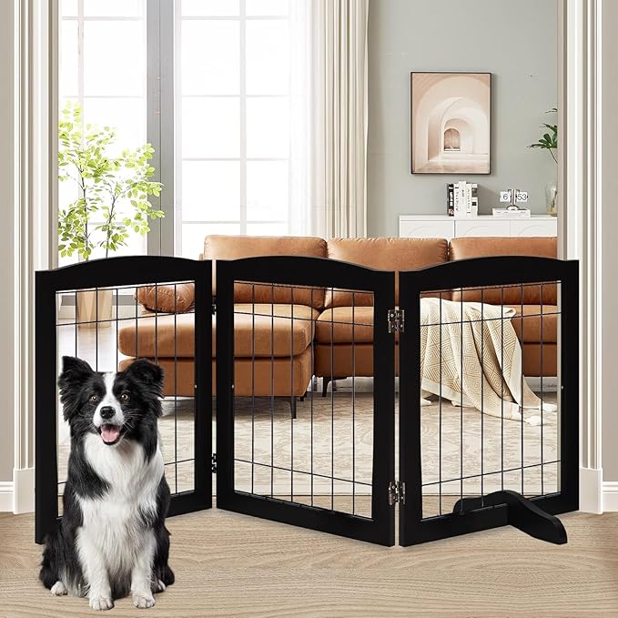 LZRS 3-Panel Freestanding Wooden Dog Gate—30" Tall Foldable Pet Barrier with Support Feet, Chew-Resistant Solid Hardwood & Steel Wire Safety Fence for Doorways, Hallways, and Stairs, Black