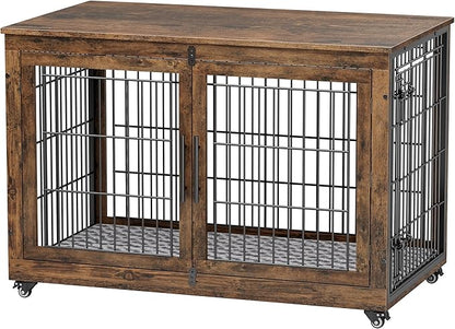YaFiti Dog Crate Furniture with Cushion Set of 2, Wooden Dog Kennel Indoor with Double Doors, Dog Cage with Wheels, Dog House Side End Table for Large Dogs up to 85 lb, 44" L, Rustic Brown