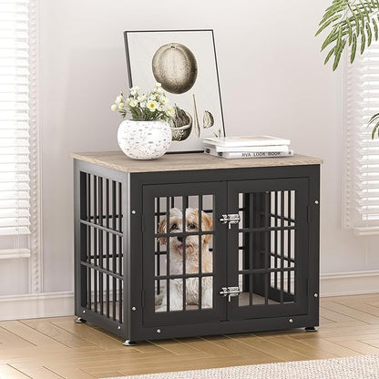 rehomerance 26 Inch Heavy Duty Dog Crate Furniture for Small Dogs, Decorative Pet House End Table, Wooden Cage Kennel Furniture Indoor with Double Doors, Grey