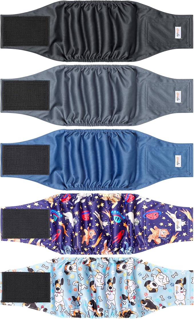 5 Pack Dog Diapers Male Reusable, Premium Belly Bands for Dogs, High Absorbing Male Dog Pee Wraps for Doggie in Incontinence or Excitable Urination and Training Black M