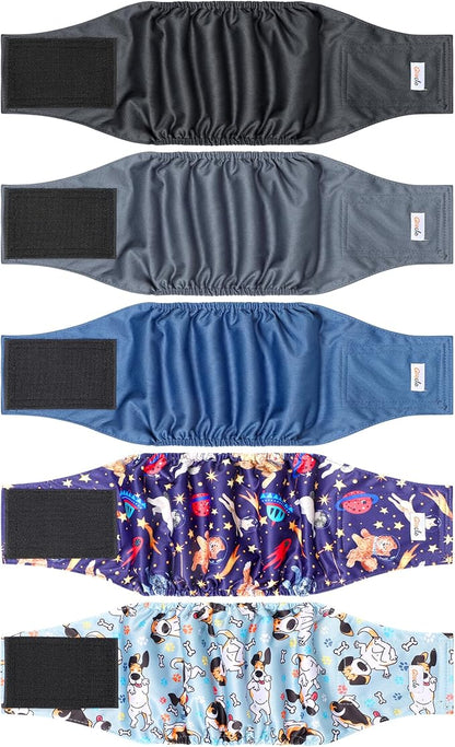 5 Pack Dog Diapers Male Reusable, Premium Belly Bands for Dogs, High Absorbing Male Dog Pee Wraps for Doggie in Incontinence or Excitable Urination and Training Black M