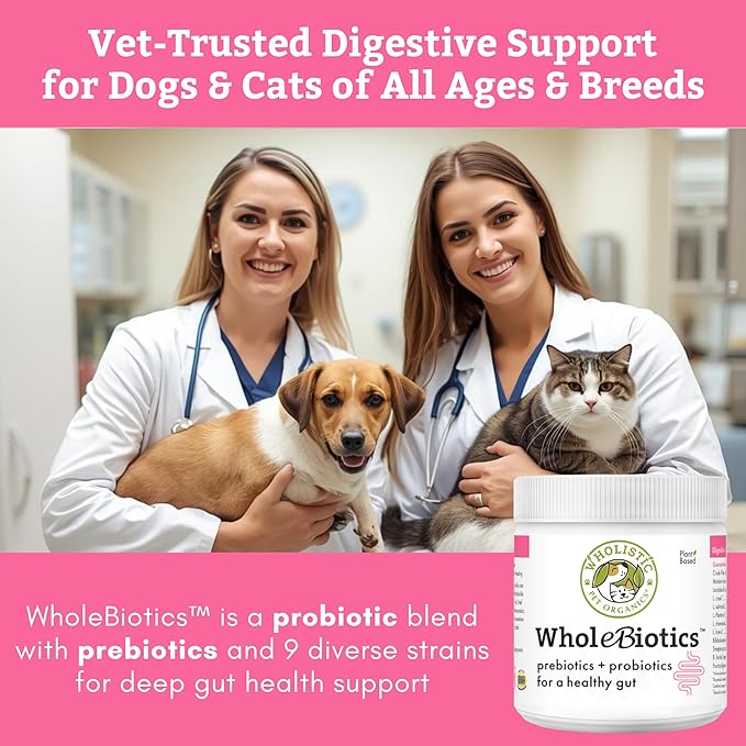 Wholistic Pet Organics WholeBiotics - Daily Dog Probiotics for Digestive Health Support & Immune Boost - 9 Strains - Prebiotics & Probiotics for Dogs & Cats - Gut Health for Dogs - 1 Oz - 28 Scoops