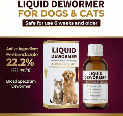 Liquid Dewormer for Cats and Dogs - Fenbendazole 22.2% Cat Dewormer & Dog Dewormer - Targets Tapeworms, Roundworms, Hookworms, Whipworms - Broad Spectrum Worm Medicine - 100mL