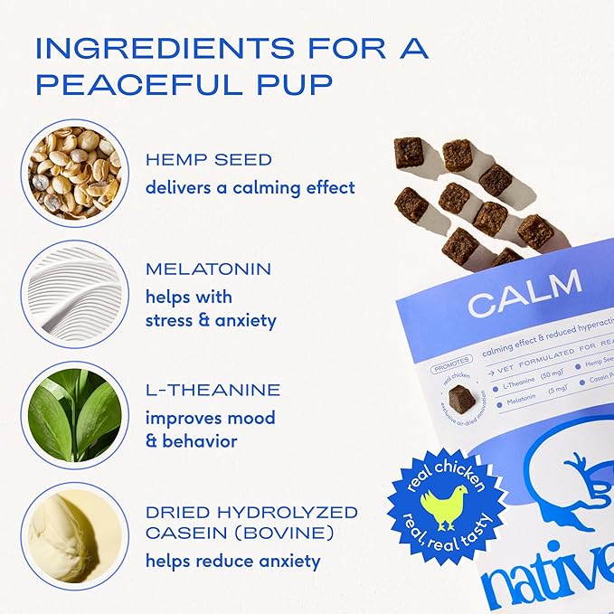 Native Pet Calming Chews for Dogs Medium Breed - Promotes Calming Effect, Supports Emotional Balance & Reduces Hyperactivity - Hemp Seed, Melatonin for Dogs, L-Theanine & Casein - 30 Days Supply