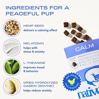 Native Pet Calming Chews for Dogs Medium Breed - Promotes Calming Effect, Supports Emotional Balance & Reduces Hyperactivity - Hemp Seed, Melatonin for Dogs, L-Theanine & Casein - 30 Days Supply
