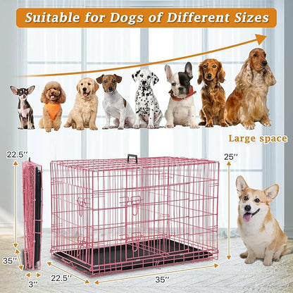 Folding Dog Crate 36" Metal Portable Outdoor Double Door Wire Large Cat Pet Dog Cage Kennel with ABS Tray LC & Divider, Pink