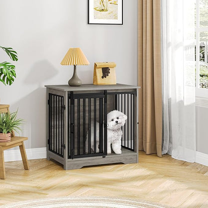 Hzuaneri 27.2" Dog Crate Furniture with Barn Door, Heavy Duty Dog Kennel Indoor with 2 Doors, Wooden Pet Cage End Table for Small Medium Dogs up to 22 lb, Anti-Chew Anti-Escape, Greige DFC84305B
