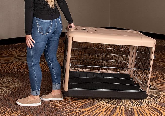 Pet Gear “The Other Door” 4 Door Steel Crate for Dogs/Cats with Garage-Style Door, Includes Plush Bed + Travel Bag, No Tools Required, New Tan, 36 Inch