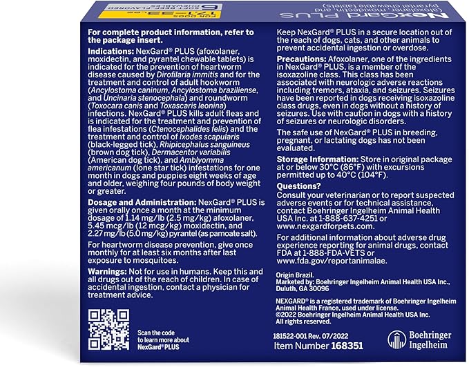 NexGard Plus (afoxolaner, moxidectin, and pyrantel) Flea and Tick Protection & Heartworm Preventive for Dogs Soft Beef Flavored Chewables, 17.1-33 lbs. (Gold) 6 Chews (6 Month Supply)