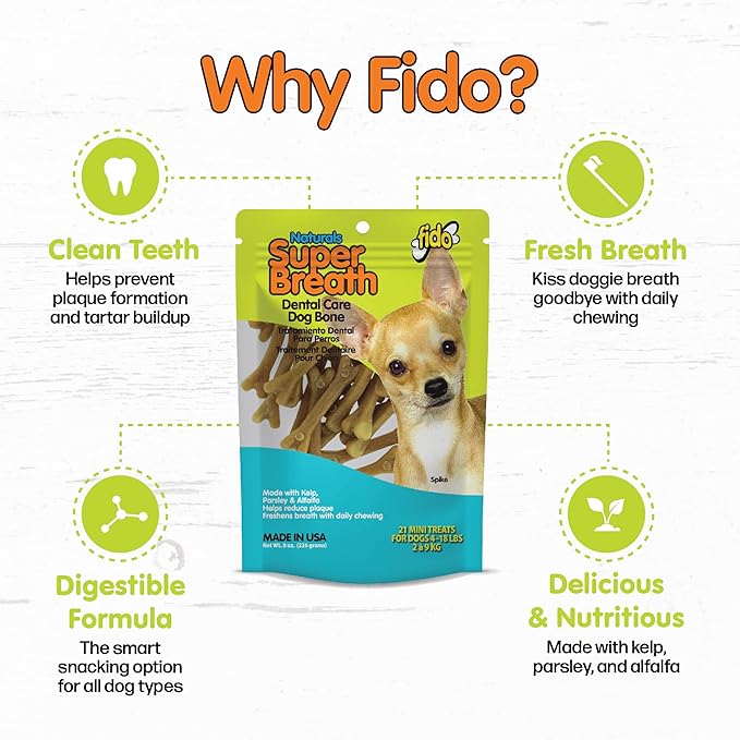 Fido - Super Breath Dental Care Bones for Dogs - 21 Count Mini Dog Dental Treats for Small Dogs (Made in USA) - Tasty Dog Dental Chews Help Reduce Plaque, Tartar Buildup, and Freshens Breath